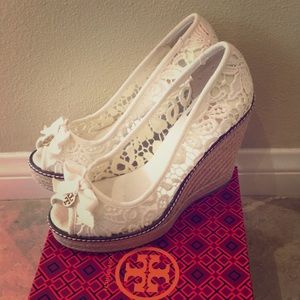 Tory Burch White Lace Wedges